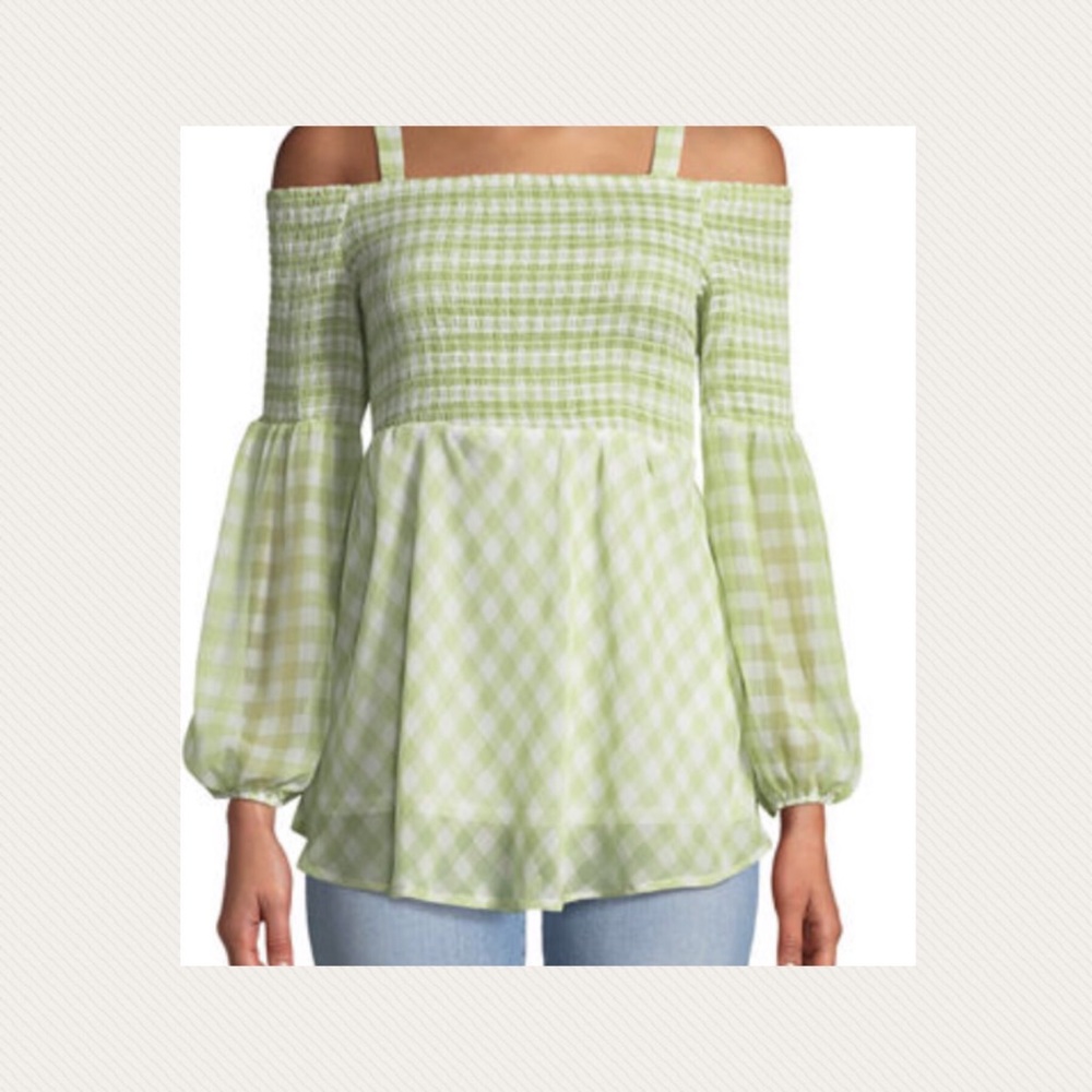 5 twelve Cold-Shoulder Gingham Chiffon Blouse